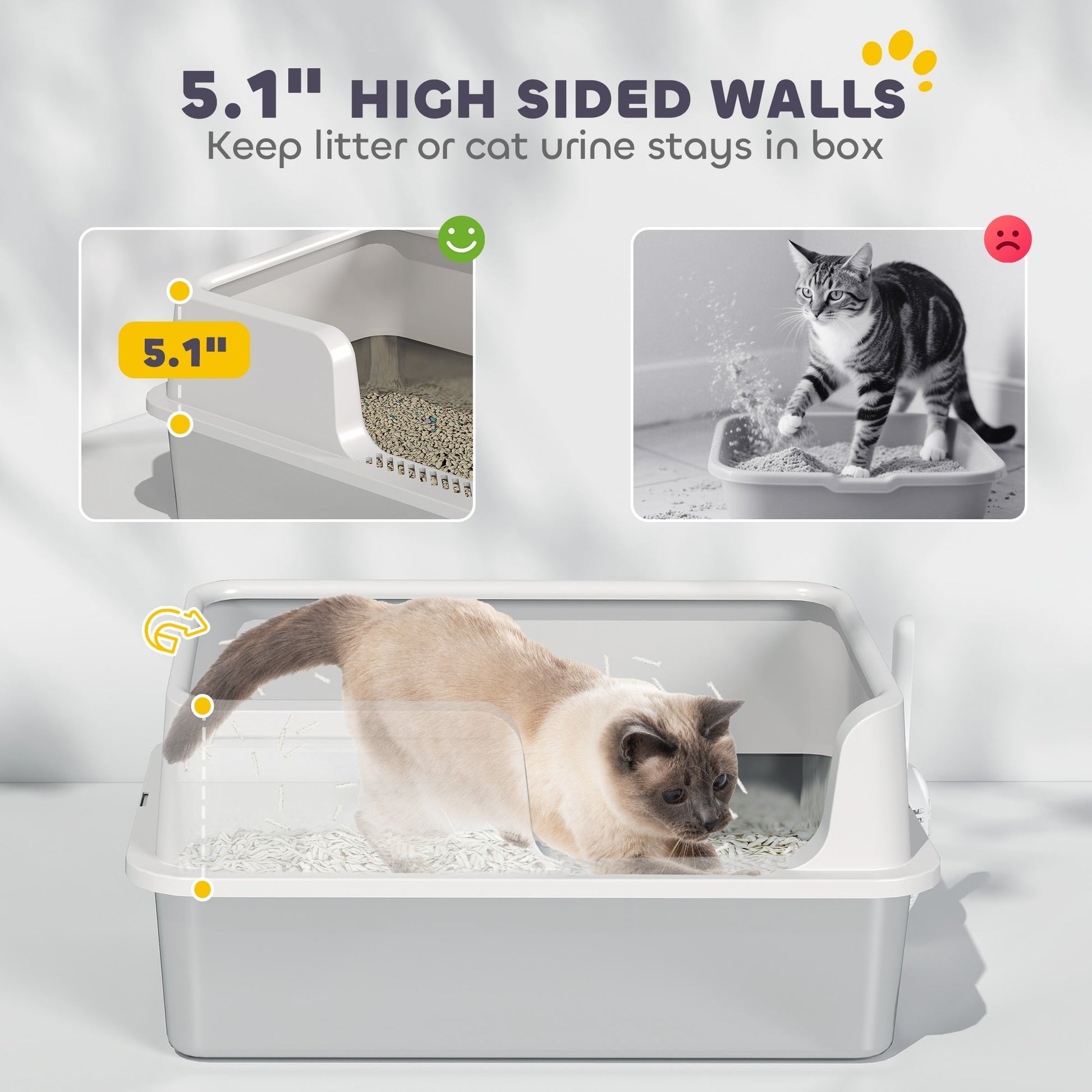 HKM-8204221 Extra Large Stainless Steel Cat Litter Box with High Sides and Easy Clean Scoop, Light Gray
