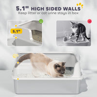 HKM-8204221 Extra Large Stainless Steel Cat Litter Box with High Sides and Easy Clean Scoop, Light Gray
