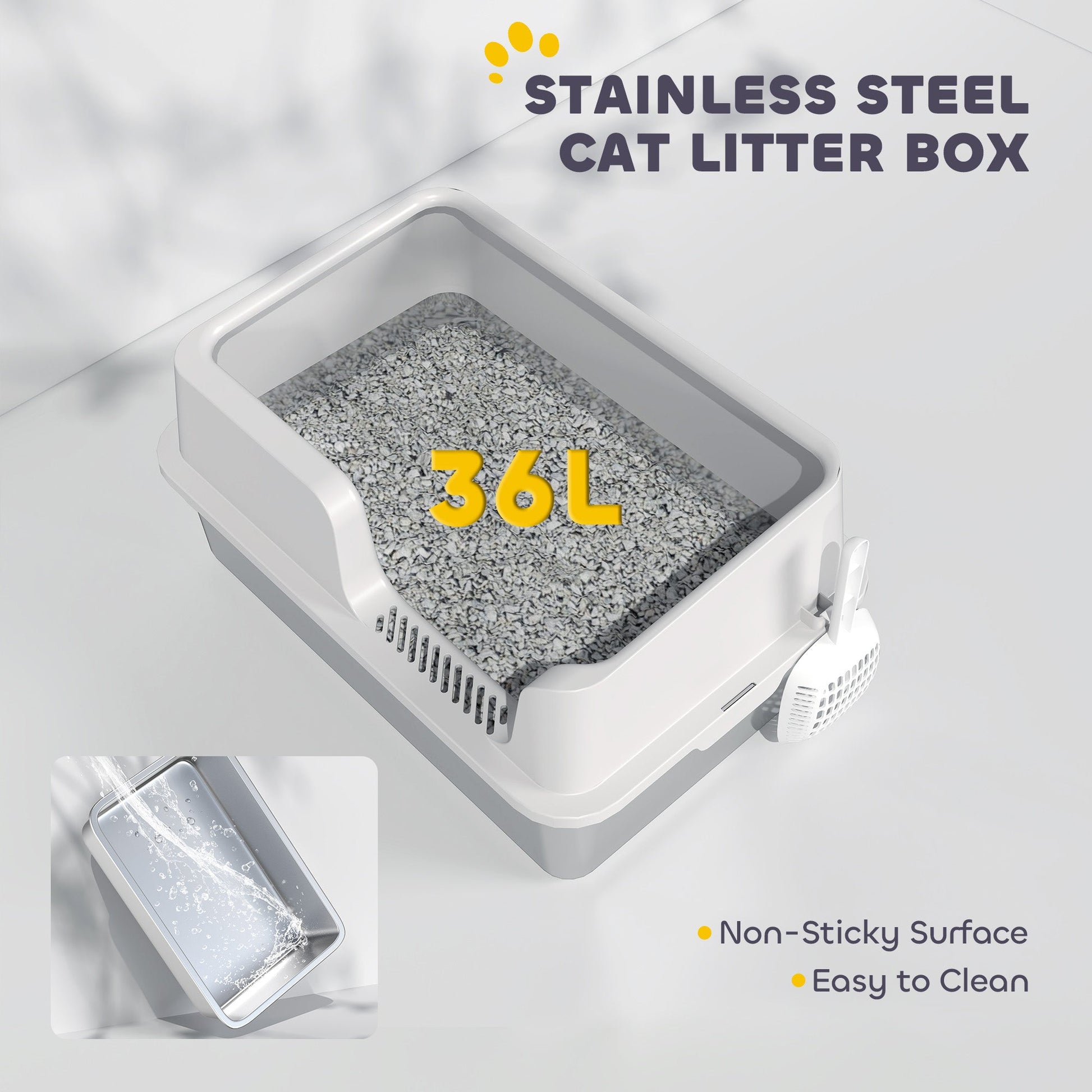 HKM-8204221 Extra Large Stainless Steel Cat Litter Box with High Sides and Easy Clean Scoop, Light Gray