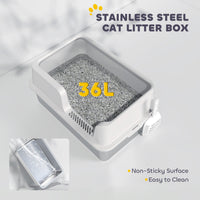 HKM-8204221 Extra Large Stainless Steel Cat Litter Box with High Sides and Easy Clean Scoop, Light Gray