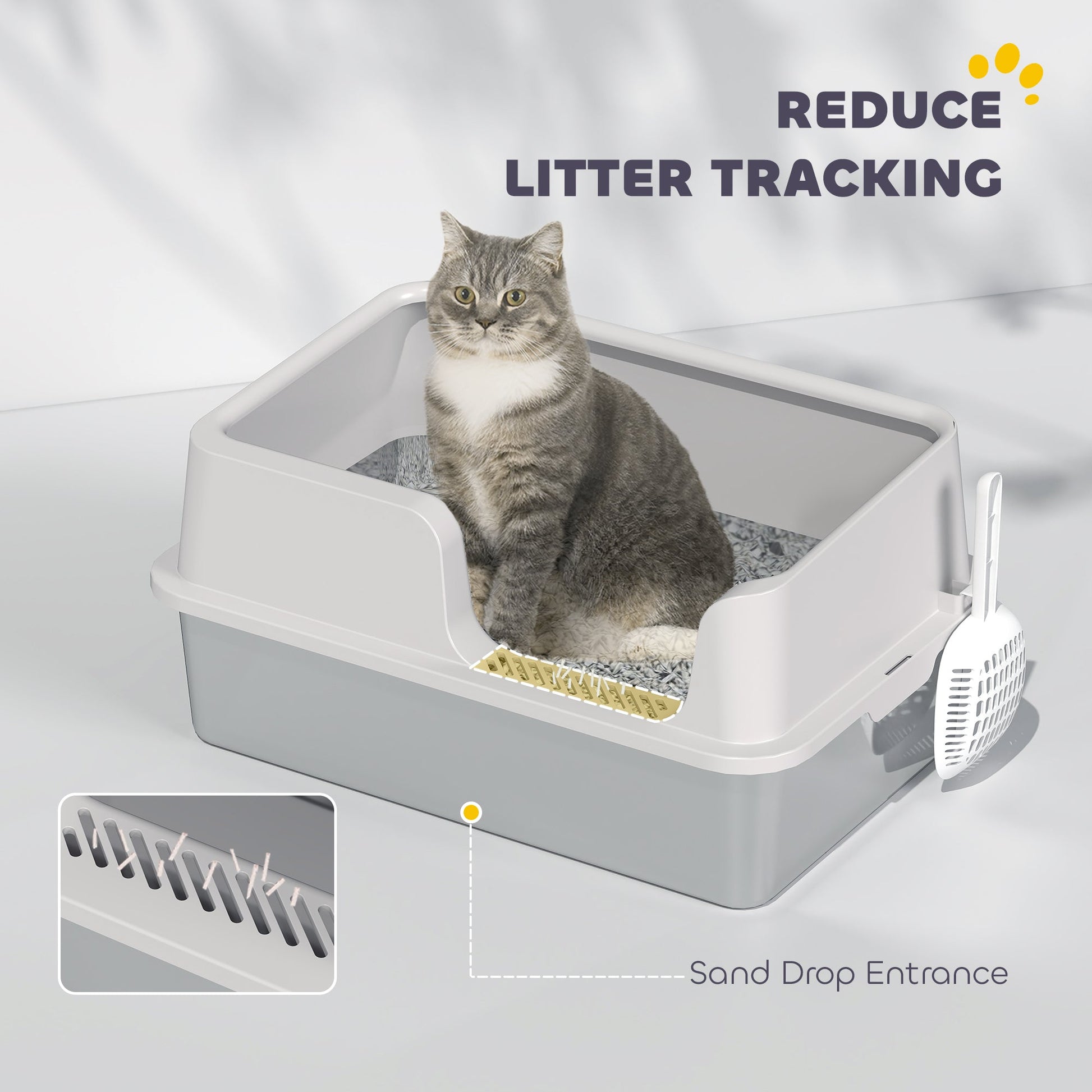 HKM-8204221 Extra Large Stainless Steel Cat Litter Box with High Sides and Easy Clean Scoop, Light Gray