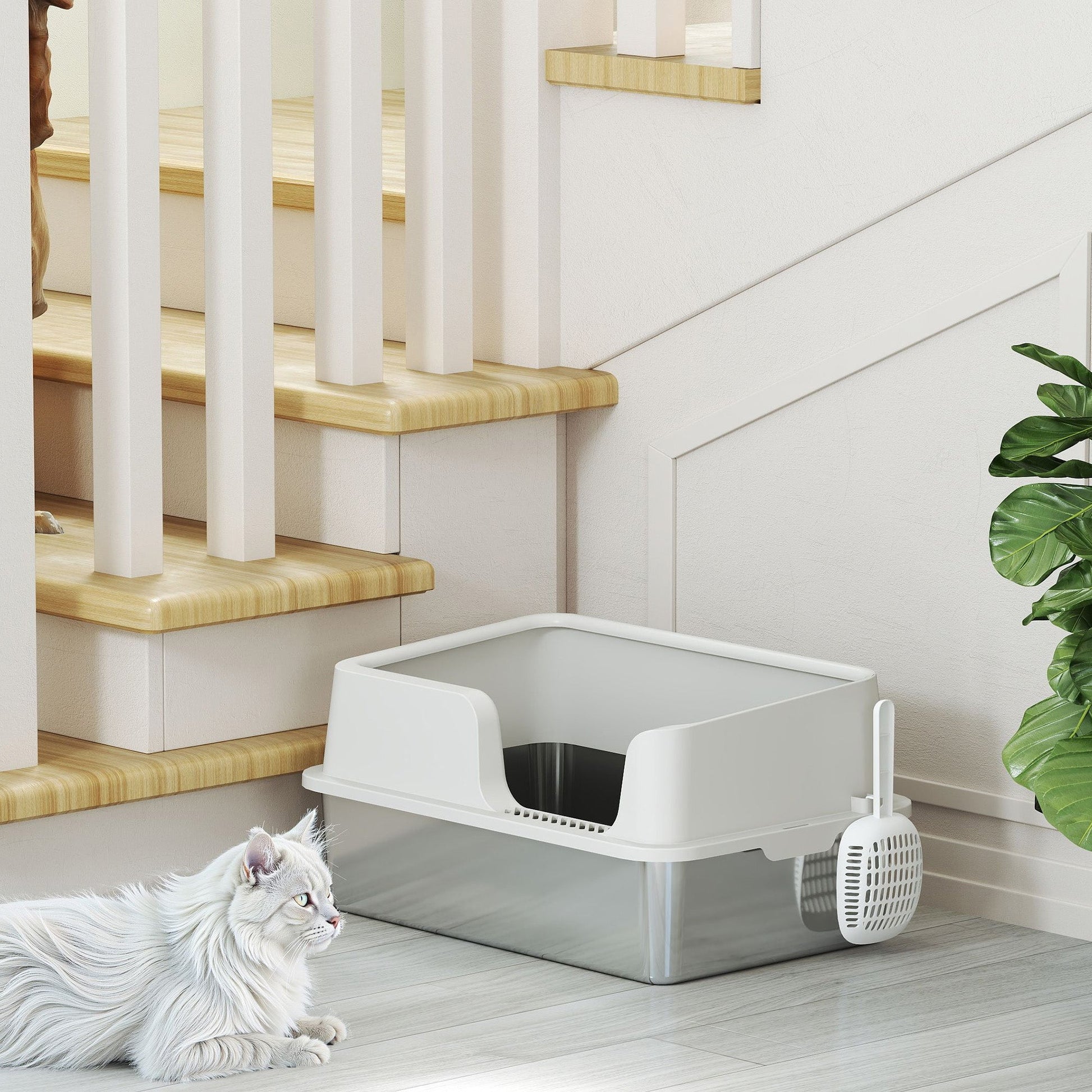 HKM-8204221 Extra Large Stainless Steel Cat Litter Box with High Sides and Easy Clean Scoop, Light Gray