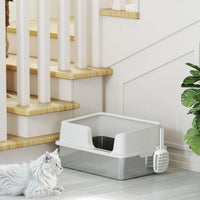 HKM-8204221 Extra Large Stainless Steel Cat Litter Box with High Sides and Easy Clean Scoop, Light Gray