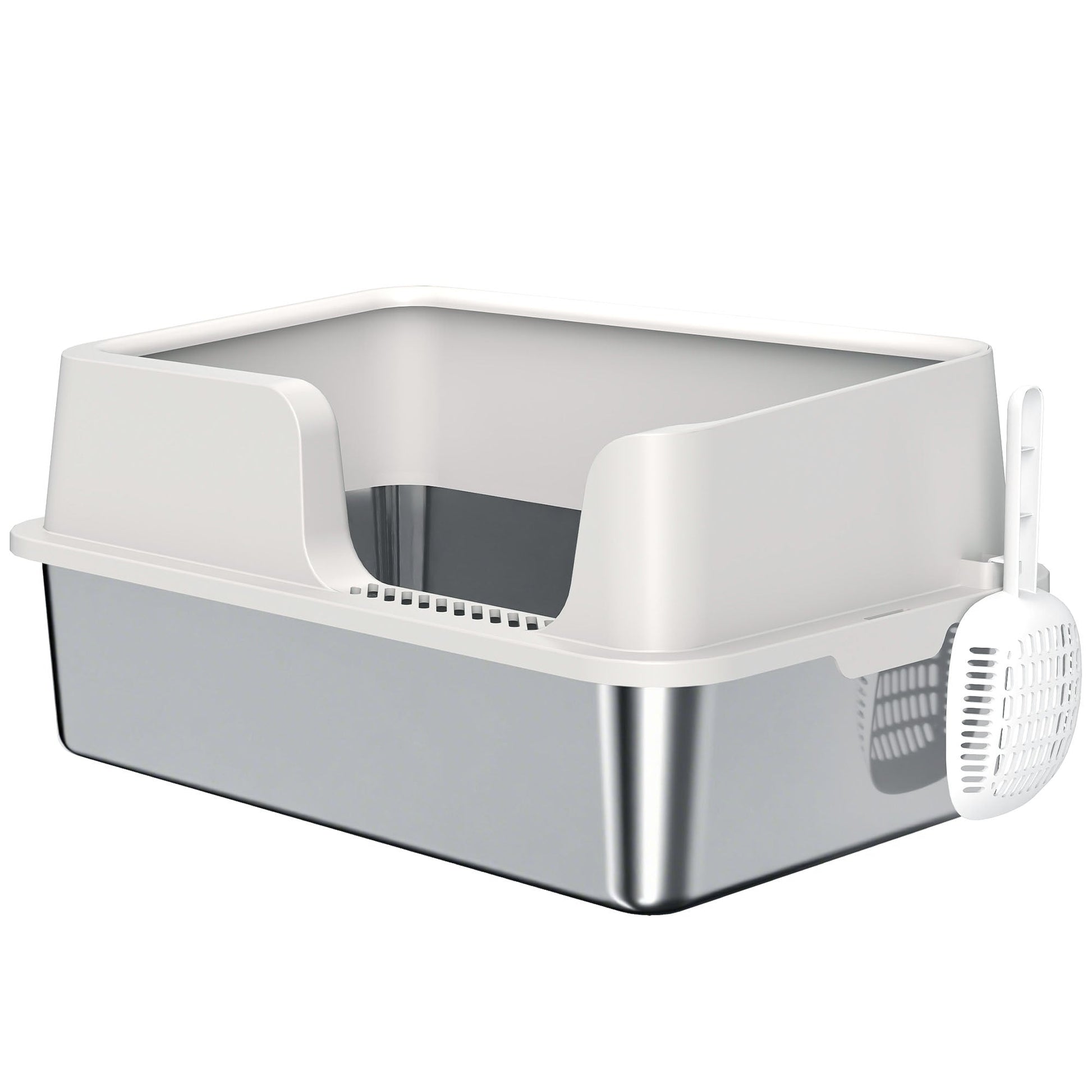 HKM-8204221 Extra Large Stainless Steel Cat Litter Box with High Sides and Easy Clean Scoop, Light Gray