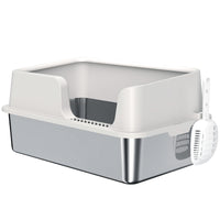 HKM-8204221 Extra Large Stainless Steel Cat Litter Box with High Sides and Easy Clean Scoop, Light Gray