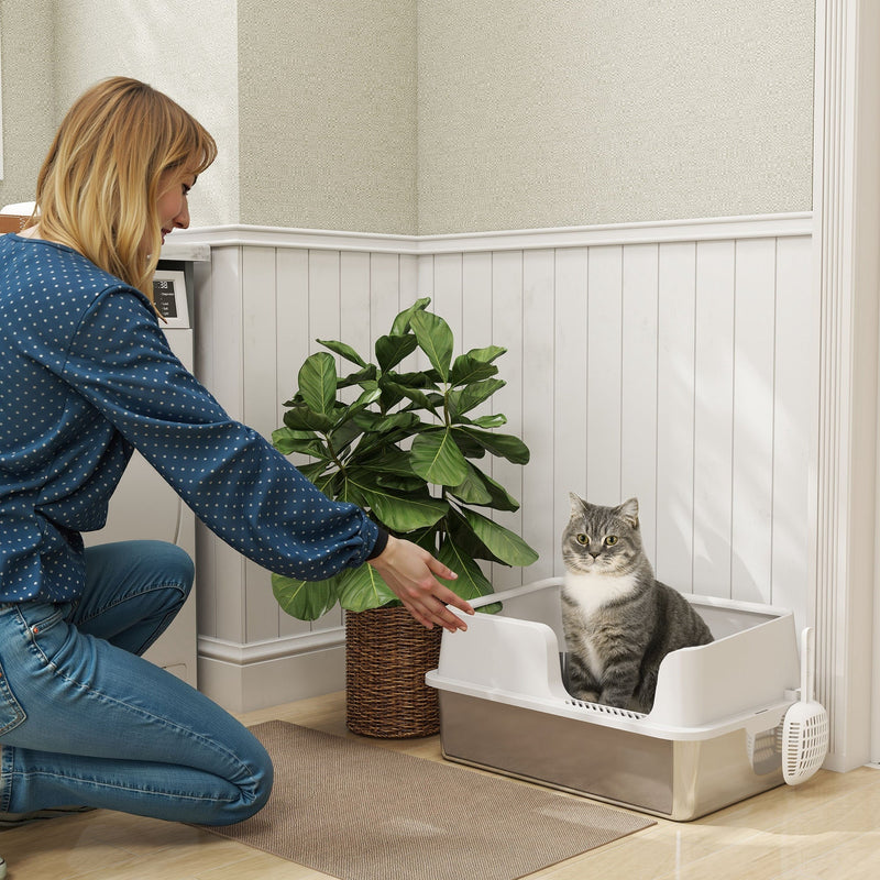 HKM-8204221 Extra Large Stainless Steel Cat Litter Box with High Sides and Easy Clean Scoop, Light Gray