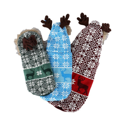 HKM-8206525 Vintage Christmas Elk Hooded Pet Coat with Fur Collar in Blue, Red, and Green
