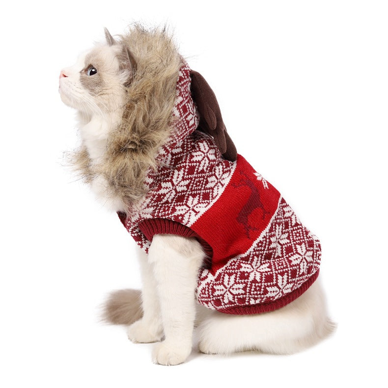HKM-8206525 Vintage Christmas Elk Hooded Pet Coat with Fur Collar in Blue, Red, and Green