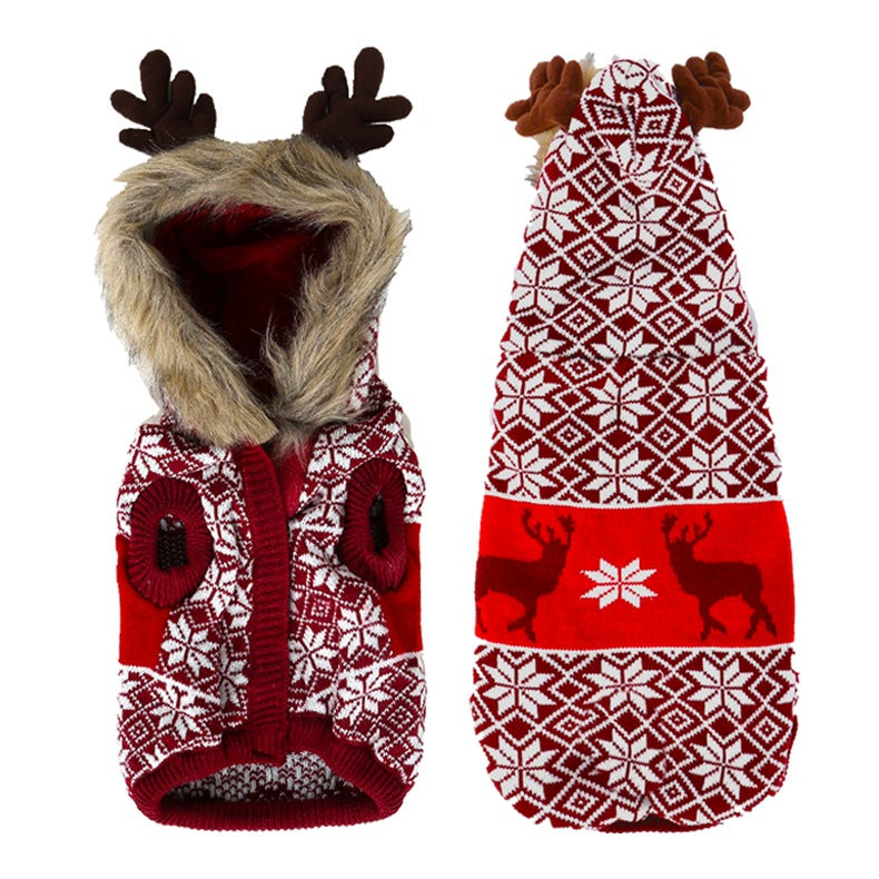 HKM-8206525 Vintage Christmas Elk Hooded Pet Coat with Fur Collar in Blue, Red, and Green