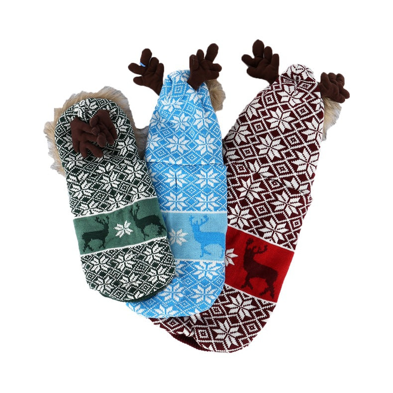 HKM-8206525 Vintage Christmas Elk Hooded Pet Coat with Fur Collar in Blue, Red, and Green