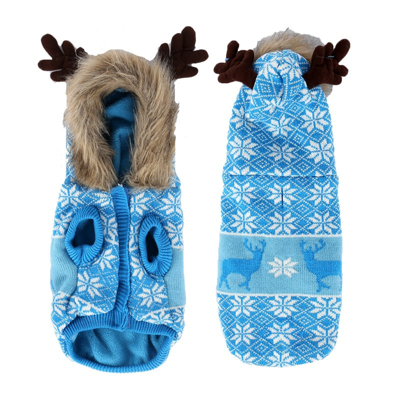 HKM-8206525 Vintage Christmas Elk Hooded Pet Coat with Fur Collar in Blue, Red, and Green