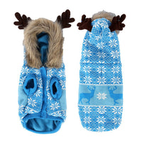 HKM-8206525 Vintage Christmas Elk Hooded Pet Coat with Fur Collar in Blue, Red, and Green