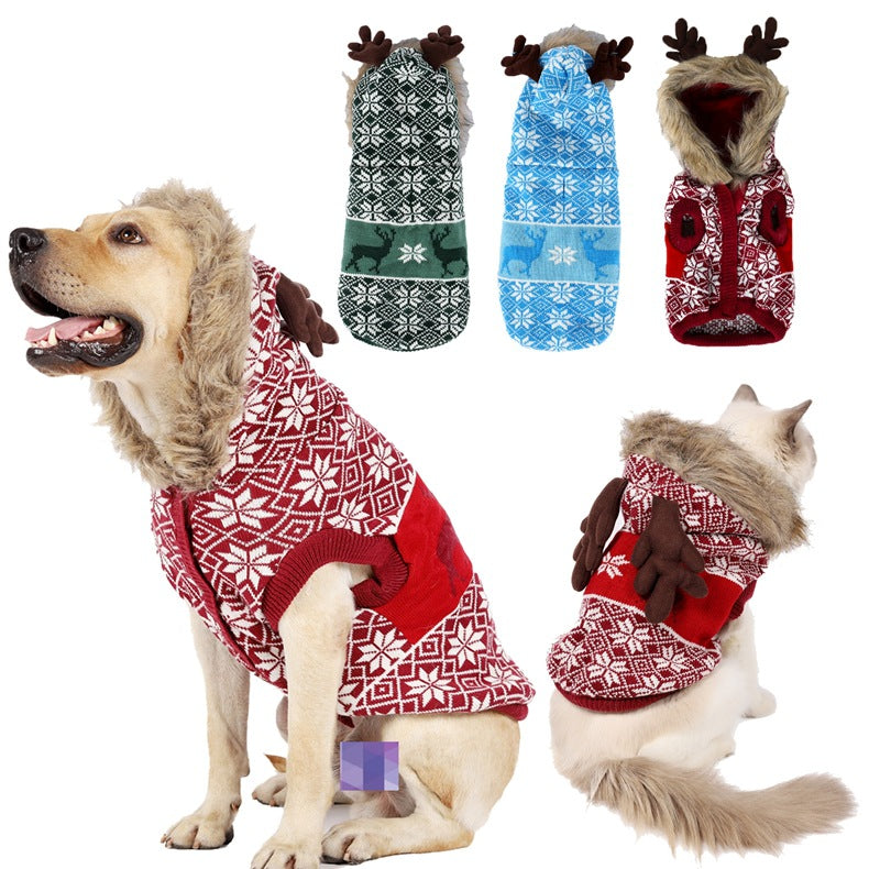 HKM-8206525 Vintage Christmas Elk Hooded Pet Coat with Fur Collar in Blue, Red, and Green
