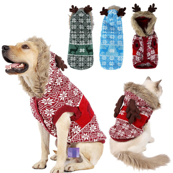 HKM-8206525 Vintage Christmas Elk Hooded Pet Coat with Fur Collar in Blue, Red, and Green
