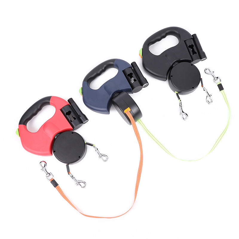 HKM-8208317 Retractable Dual Dog Leash with 360-Degree Swivel, Reflective Handle, and Built-in Light for Small Dogs