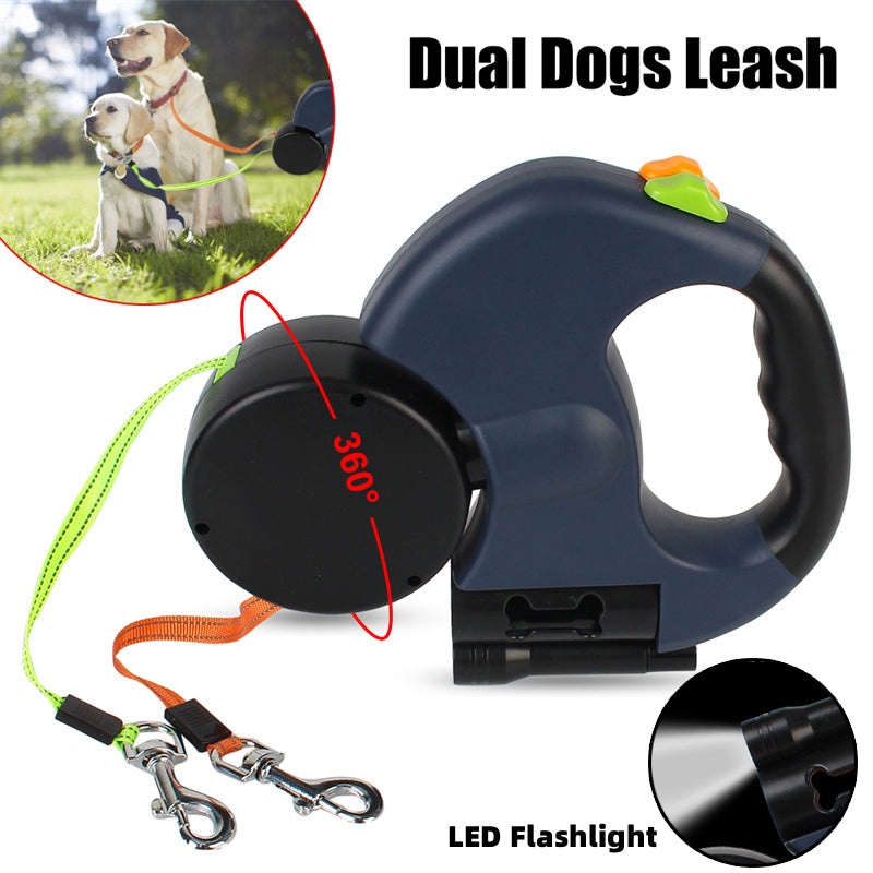 HKM-8208317 Retractable Dual Dog Leash with 360-Degree Swivel, Reflective Handle, and Built-in Light for Small Dogs