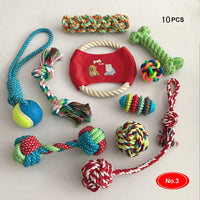 HKM-8209341 Cotton Rope Chew Toy Set for Dogs - 10 Unique Pieces with Squeaky Balls and Durable Design