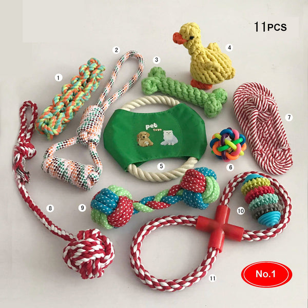 HKM-8209341 Cotton Rope Chew Toy Set for Dogs - 10 Unique Pieces with Squeaky Balls and Durable Design