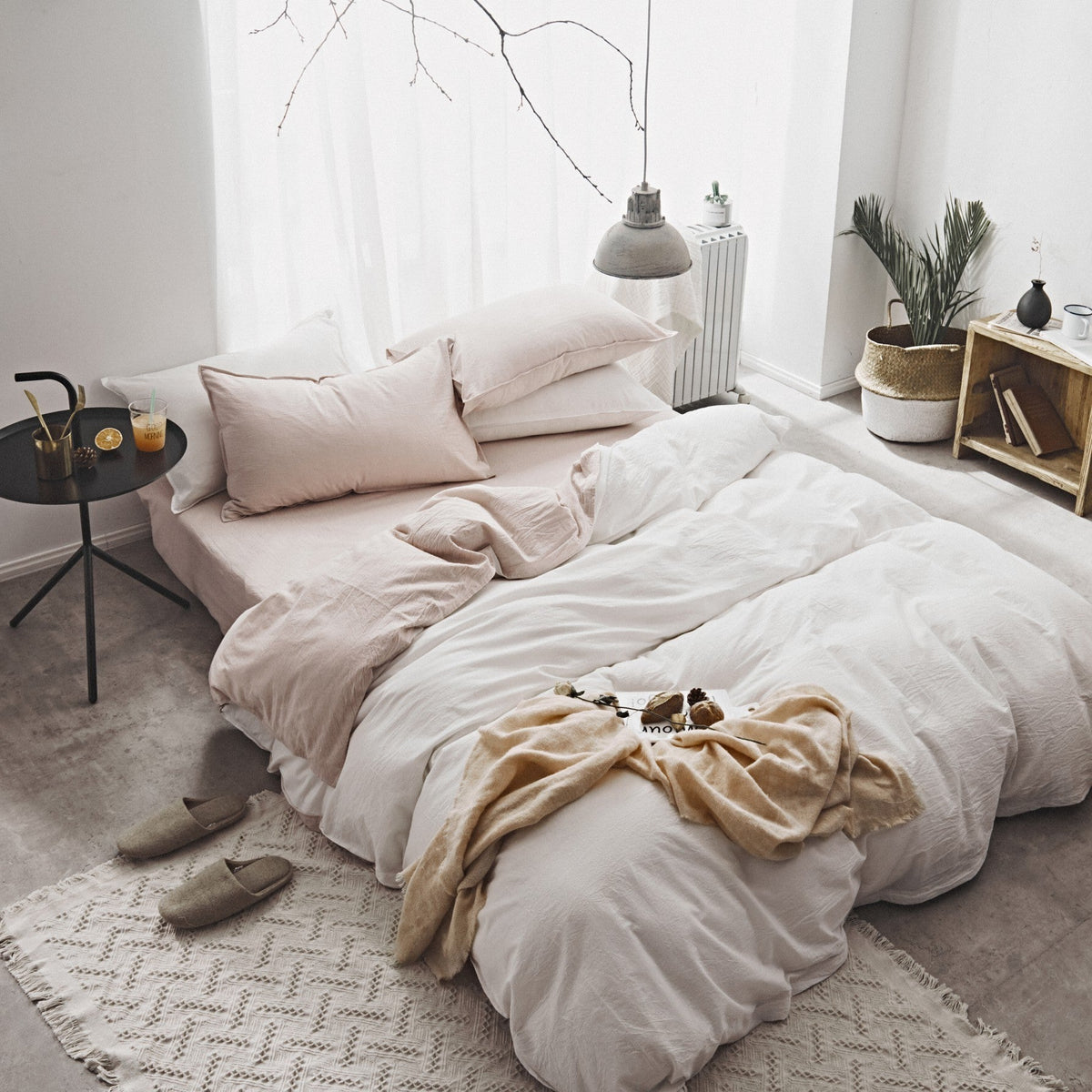 HKM-821075 Washed Cotton Nordic Four-Piece Bedding Set with Quilt Cover, Flat Sheet, and Pillowcases