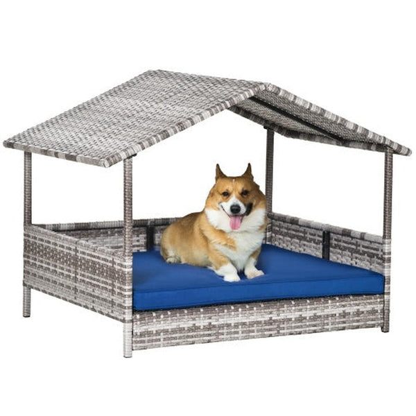 HKM-821139 Rattan Dog House with Canopy and Waterproof Bed for Small to Medium Dogs, Blue