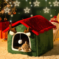 HKM-8212541 Universal Winter Cat Bed ¨C Removable & Washable Pet Nest in Red Elk Design, Suitable for Cats & Small Dogs