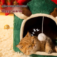 HKM-8212541 Universal Winter Cat Bed ¨C Removable & Washable Pet Nest in Red Elk Design, Suitable for Cats & Small Dogs