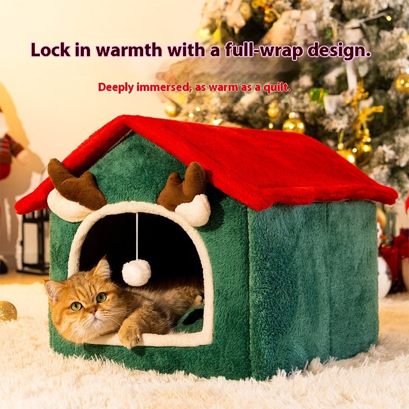 HKM-8212541 Universal Winter Cat Bed ¨C Removable & Washable Pet Nest in Red Elk Design, Suitable for Cats & Small Dogs