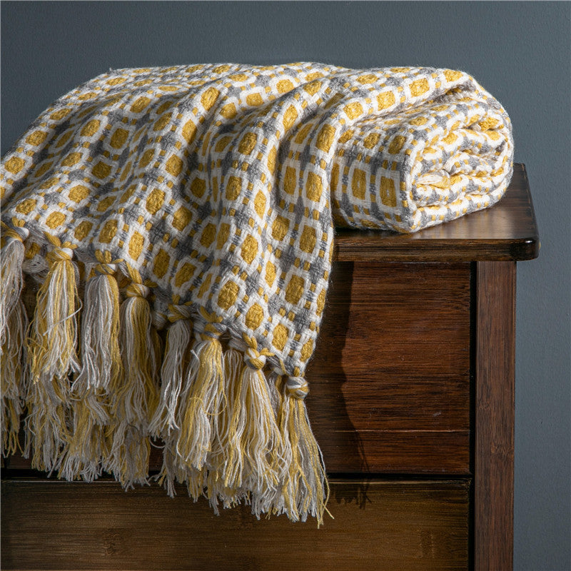 HKM-821459 Geometric Yellow Knitted Shawl with Tassels - Woven Acrylic Blanket (130x162CM)