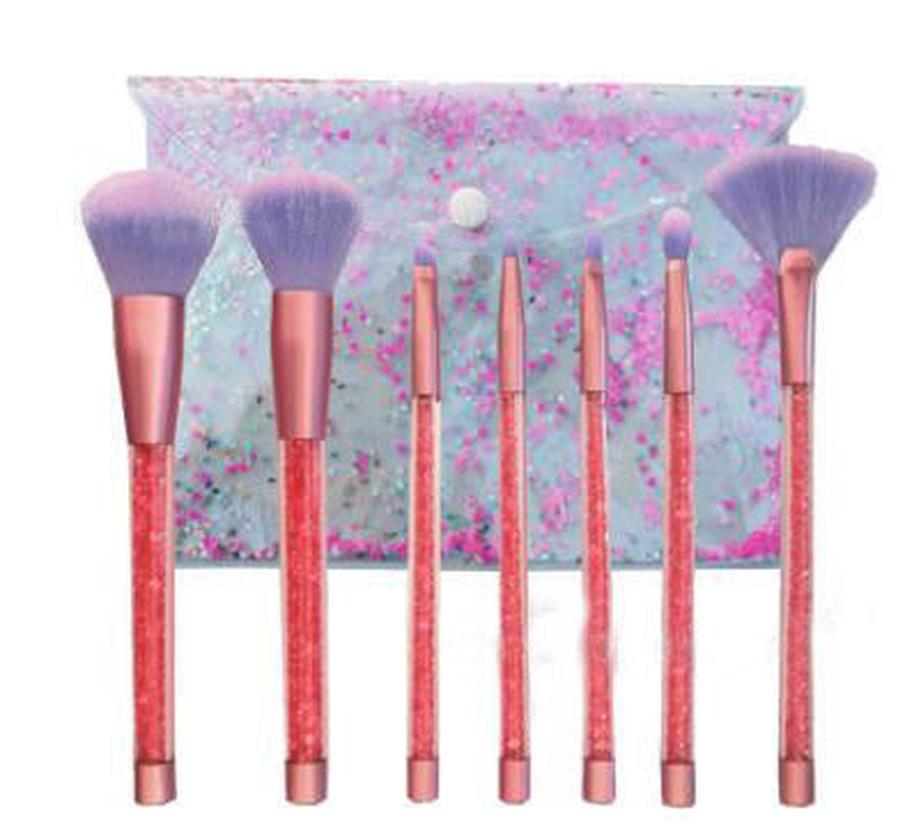 HKM-821523 7-Piece Gradient Makeup Brush Set with Blue Fiber Hair and Pink Crystal Handles