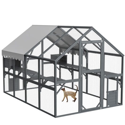 HKM-8217917 Extra Spacious Outdoor Cat Enclosure with Weather-Resistant Roof and Cat Climbing Features