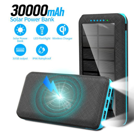 HKM-821843 Wireless Solar Charger Power Bank with LED Flashlight for Mobile Devices, 3 USB Ports, Compatible with iPhone, Xiaomi, Samsung