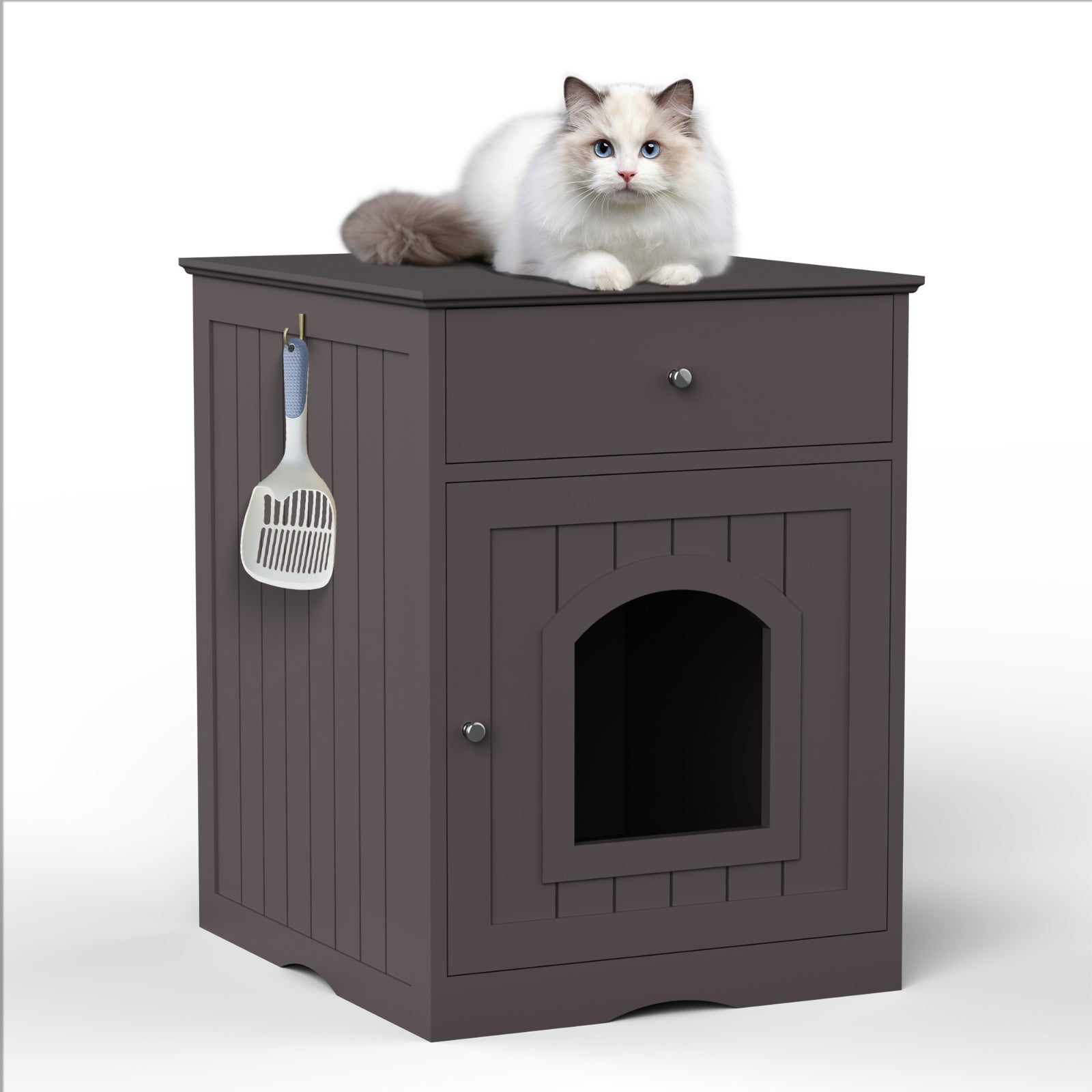 HKM-8223677 Wooden Cat Litter Box Enclosure with Drawer and Side Table - Indoor Pet Crate (Brown)
