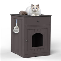 HKM-8223677 Wooden Cat Litter Box Enclosure with Drawer and Side Table - Indoor Pet Crate (Brown)