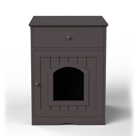 HKM-8223677 Wooden Cat Litter Box Enclosure with Drawer and Side Table - Indoor Pet Crate (Brown)