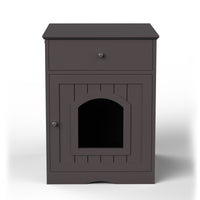 HKM-8223677 Wooden Cat Litter Box Enclosure with Drawer and Side Table - Indoor Pet Crate (Brown)