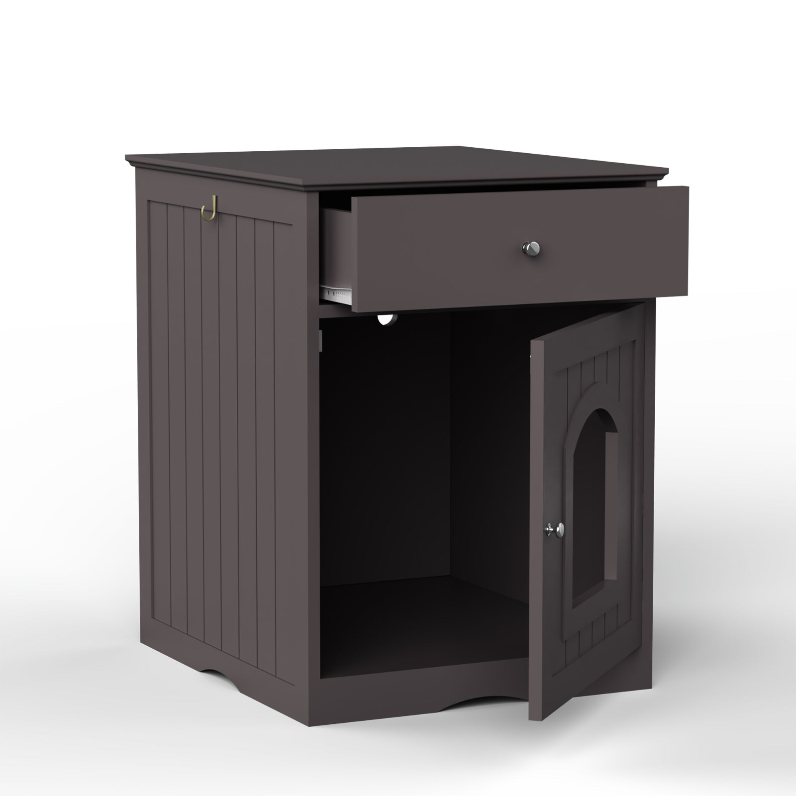 HKM-8223677 Wooden Cat Litter Box Enclosure with Drawer and Side Table - Indoor Pet Crate (Brown)