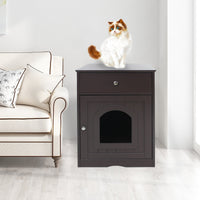 HKM-8223677 Wooden Cat Litter Box Enclosure with Drawer and Side Table - Indoor Pet Crate (Brown)