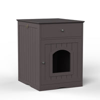 HKM-8223677 Wooden Cat Litter Box Enclosure with Drawer and Side Table - Indoor Pet Crate (Brown)