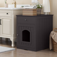 HKM-8223677 Wooden Cat Litter Box Enclosure with Drawer and Side Table - Indoor Pet Crate (Brown)