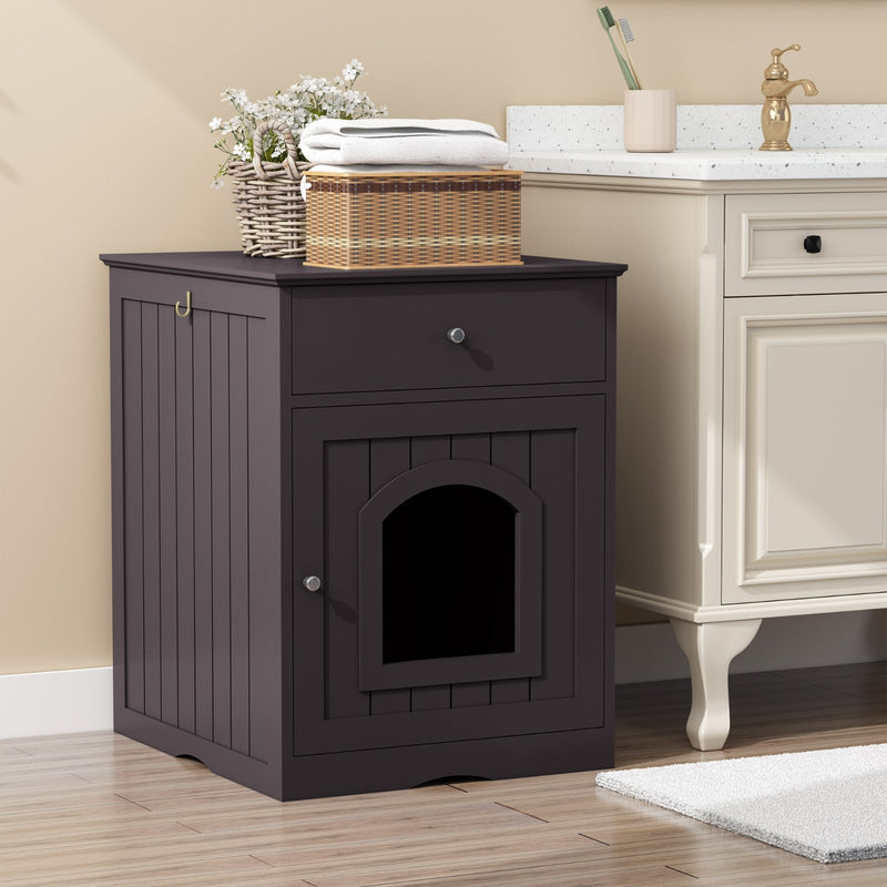 HKM-8223677 Wooden Cat Litter Box Enclosure with Drawer and Side Table - Indoor Pet Crate (Brown)
