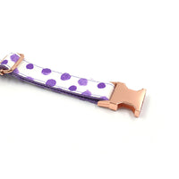 HKM-8227773 Purple Polka Dot Pet Collar with Rose Gold Accents - Scalable Cloth Design, Multiple Sizes Available
