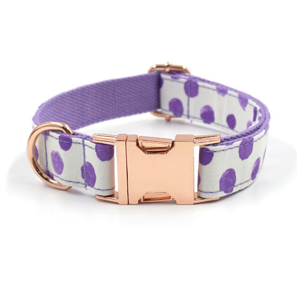 HKM-8227773 Purple Polka Dot Pet Collar with Rose Gold Accents - Scalable Cloth Design, Multiple Sizes Available