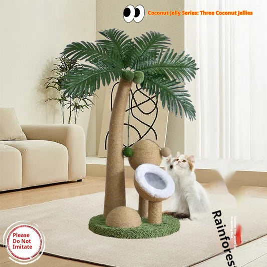 HKM-8229053 Tropical Rainforest Cat Climbing Frame - Wooden Coconut Tree Design, Green & Amber, 40x40x72 cm