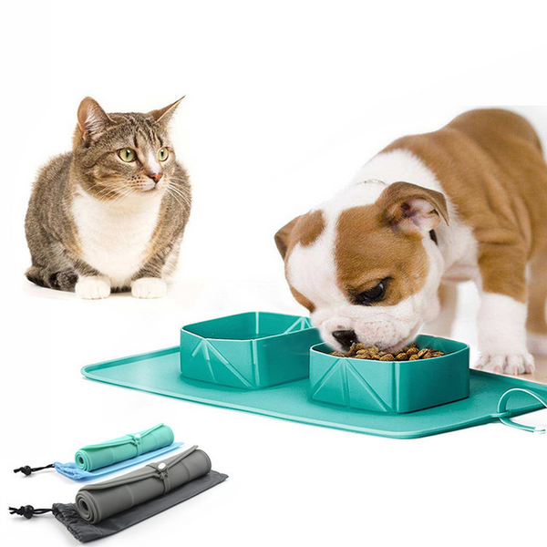 HKM-8231741 Folding Silicone Pet Bowl for Dogs and Cats - Mint Green & Gray, Portable with Storage Bag