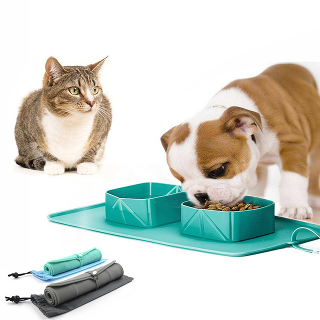 HKM-8231741 Folding Silicone Pet Bowl for Dogs and Cats - Mint Green & Gray, Portable with Storage Bag