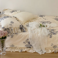 HKM-823443 Cotton Four-Piece Girl's Bedding Set with Heart and Lotus Leaf Lace Design