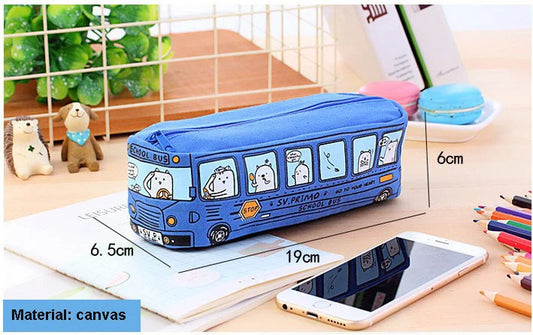 HKM-823571 Large Capacity Cartoon Printed School Bus Pencil Case for Boys and Girls - Canvas Zipper Pouch