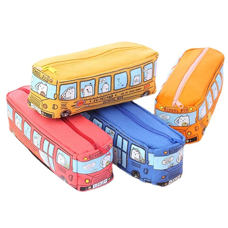 HKM-823571 Large Capacity Cartoon Printed School Bus Pencil Case for Boys and Girls - Canvas Zipper Pouch
