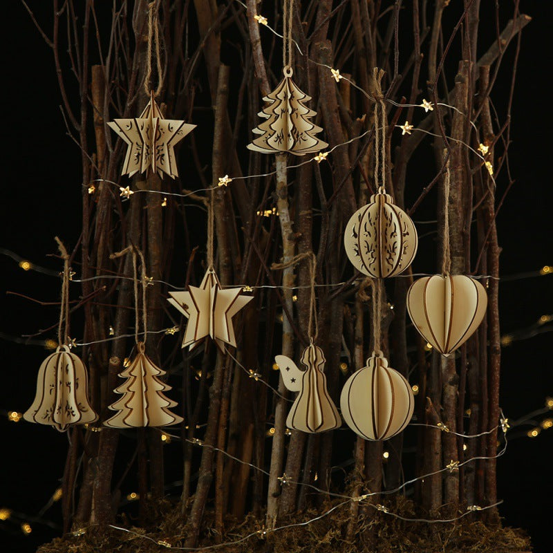 HKM-823891 Three-Dimensional Wooden Five-Pointed Star Christmas Pendant for Holiday Decoration