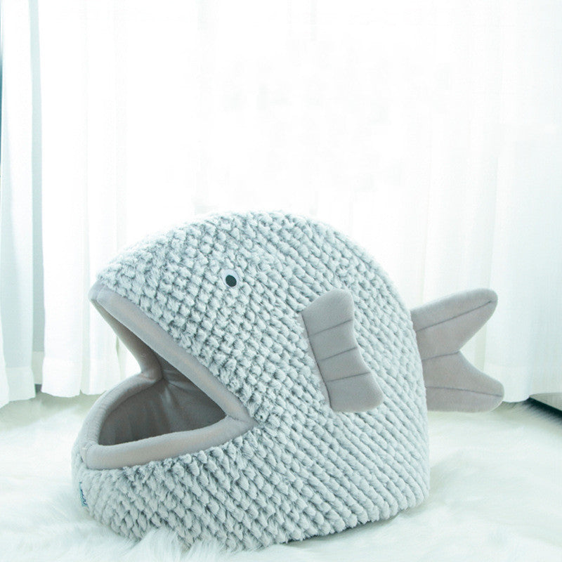 HKM-8241341 Fish Shaped Semi Enclosed Pet Bed for Cats and Small Dogs - South Korean Velvet, Gray and Red Options, Size S and L